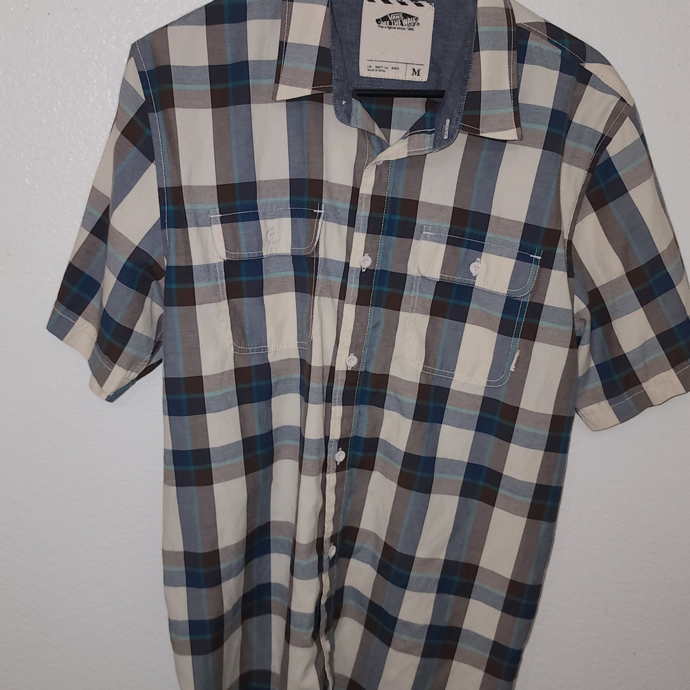 Vans Men's Casual Blue and Cream Plaid Shirt